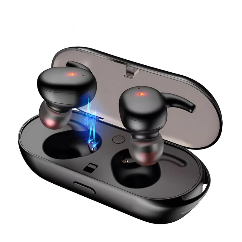 A pair of black CHUYONG Y30 TWS Wireless Earbuds 5.0 from HeadphoneHeat.Com sit in an open charging case. The earbuds, which feature Active Noise-Cancellation, have small red indicator lights. Between the earbuds, a blue light beam indicates charging. The case has a translucent lid.