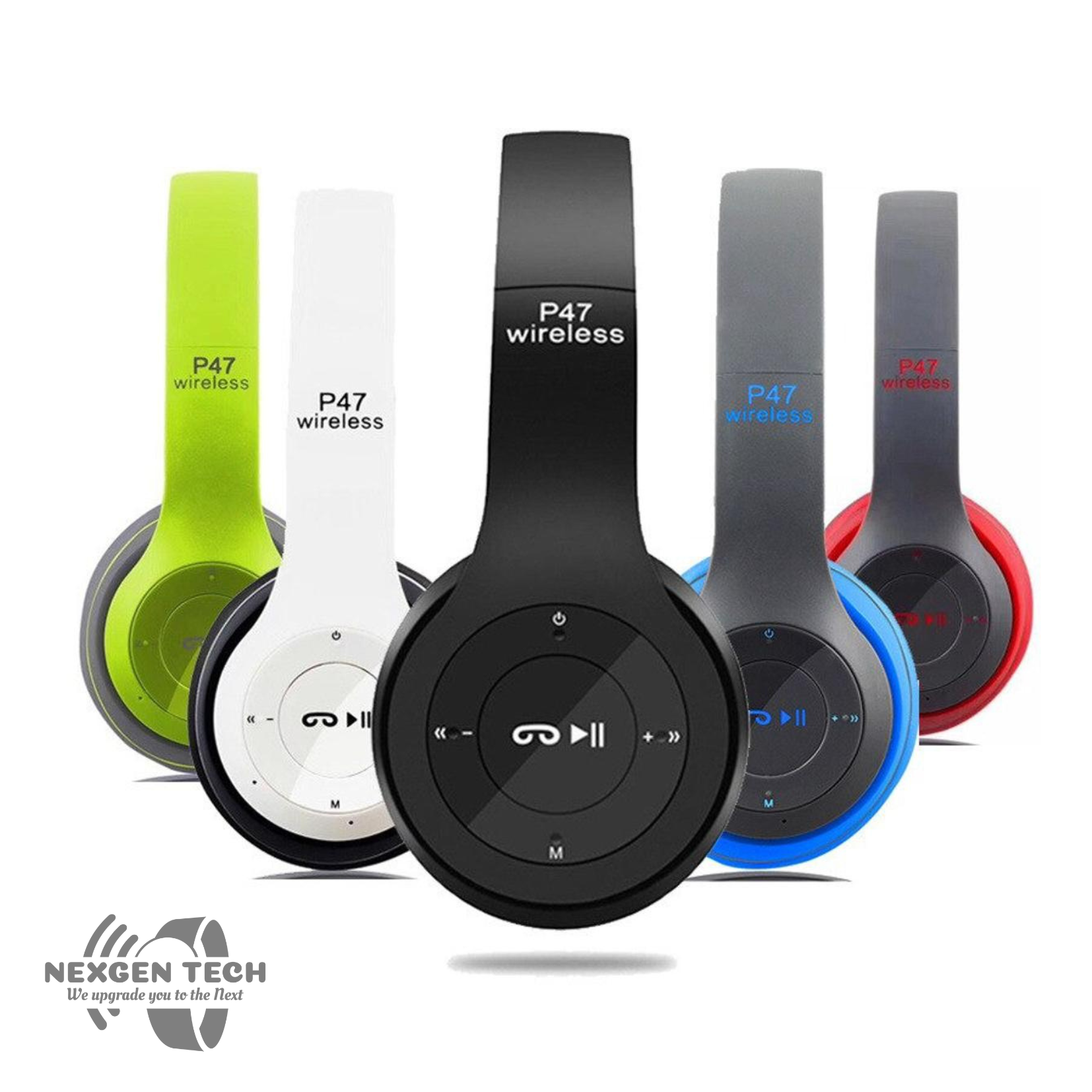 The P47 Wireless Headphones, available from HeadphoneHeat.Com, come in five vibrant colors: green, white, black, blue, and red. These headphones sport a foldable design with on-ear controls and include a built-in microphone for enhanced convenience. The Nexgen Tech logo is prominently displayed in the bottom left corner.