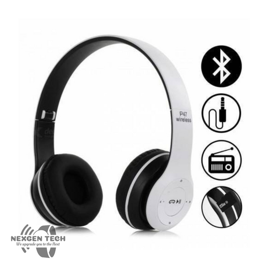 A pair of chic black and white P47 Wireless Headphones from HeadphoneHeat.Com is showcased, boasting a foldable design. Icons emphasize their built-in microphone, Bluetooth functionality, 3.5mm audio jack, FM radio, and SD card slot. The NexGen Tech logo appears in the corner.