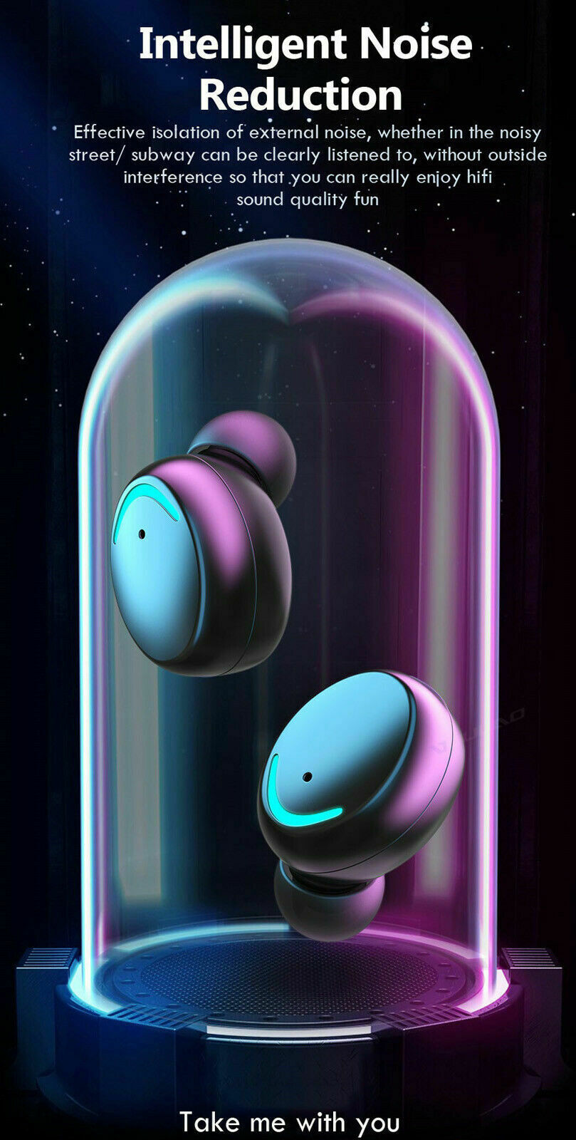 A promotional image for HeadphoneHeat.com's Unvierse 5.1 Bluetooth Earbuds highlighting "Intelligent Noise Reduction" and Bluetooth 5.1 technology. The earbuds are displayed under a glass dome with neon lighting. Text above describes effective isolation of external noise for high-quality sound and 90 hours of playtime. Text below reads, "Take me with you.